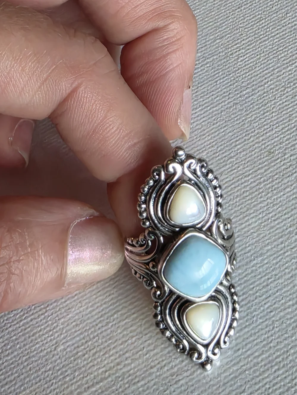 The Larimar and Moonstone 925 Sterling Silver Handmade Ring in size 6